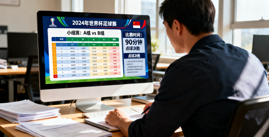 体育资讯编辑整理赛事资料，屏幕上显示赛程与规则信息